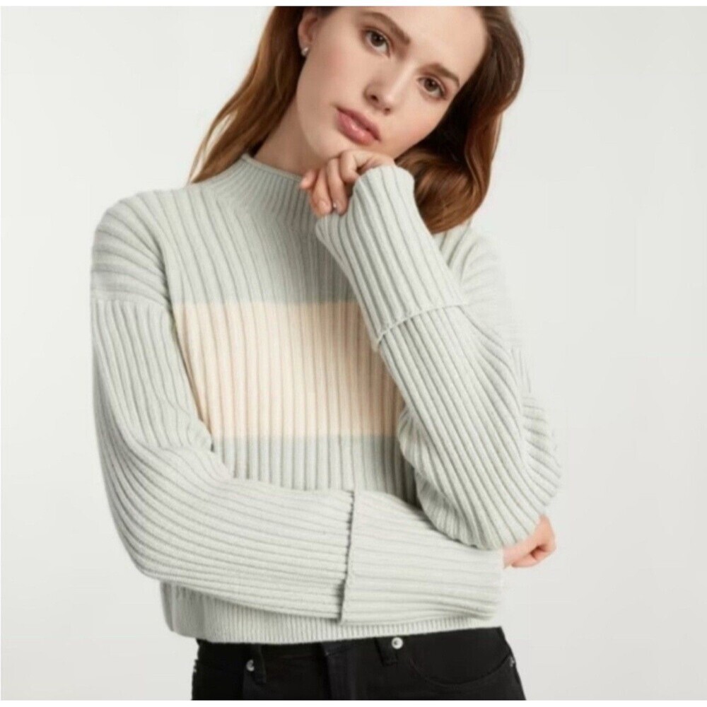 EVERLANE Sweater LARGE Ribbed Rollneck Women Crop Green‎ Cream Cuffed ORGANIC